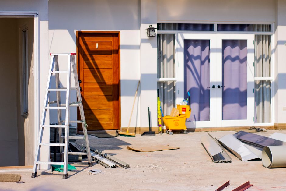 Home renovation project with exterior construction materials